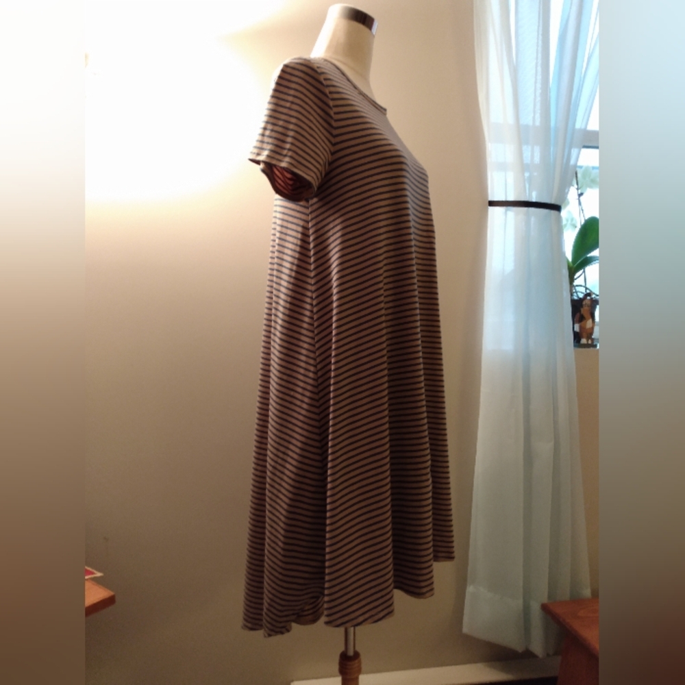 Lularoe brand high lo swing dress blue and brown striped, S